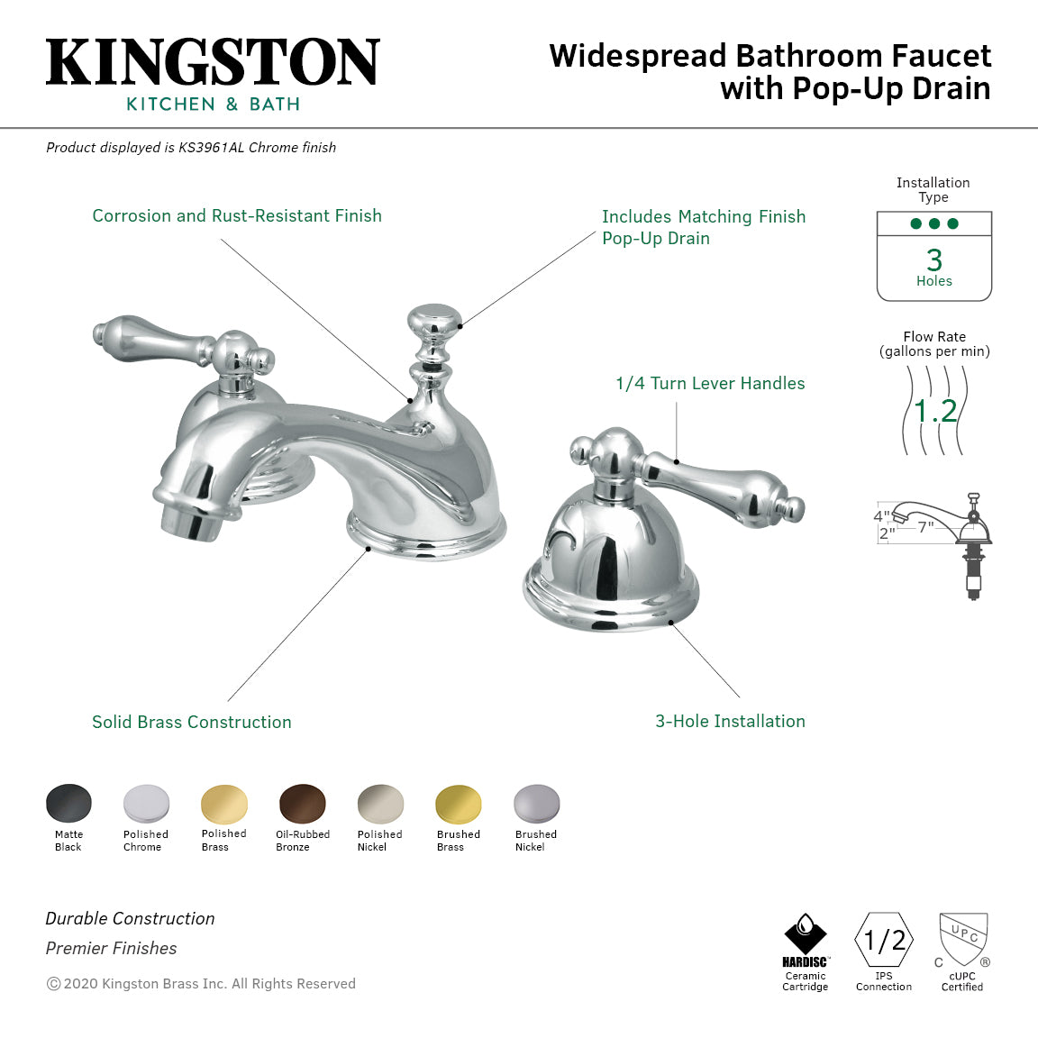Kingston Heirloom KS3962AL - Restoration Two-Handle 3-Hole Deck Mount Widespread Bathroom Faucet with Brass Pop-Up, Polished Brass — thumbnail 2